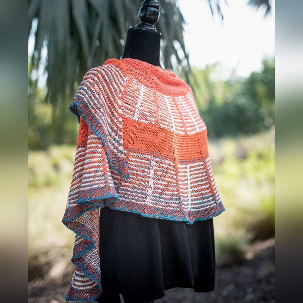 Hand Crafted OOAK Avantgarde Boho Striped Cotton Orange Blue Summer Knit Shawl
